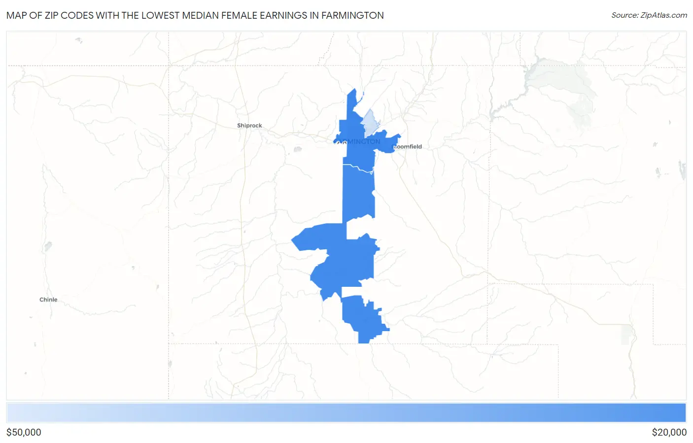 Zip Codes with the Lowest Median Female Earnings in Farmington Map