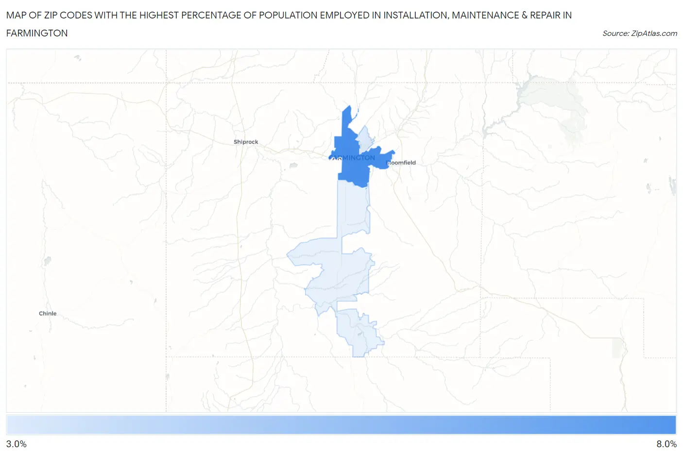 Zip Codes with the Highest Percentage of Population Employed in Installation, Maintenance & Repair in Farmington Map