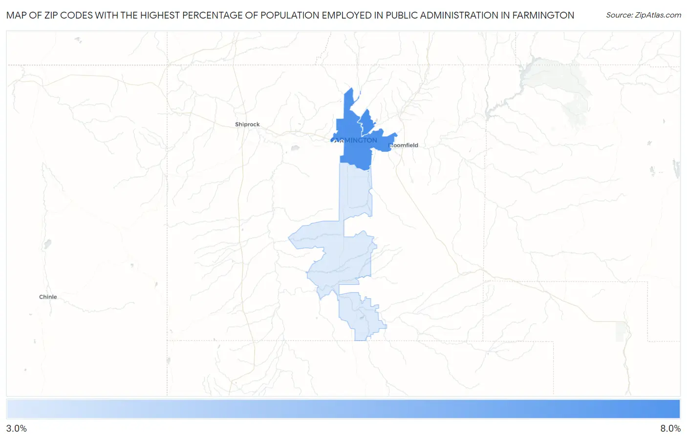 Zip Codes with the Highest Percentage of Population Employed in Public Administration in Farmington Map