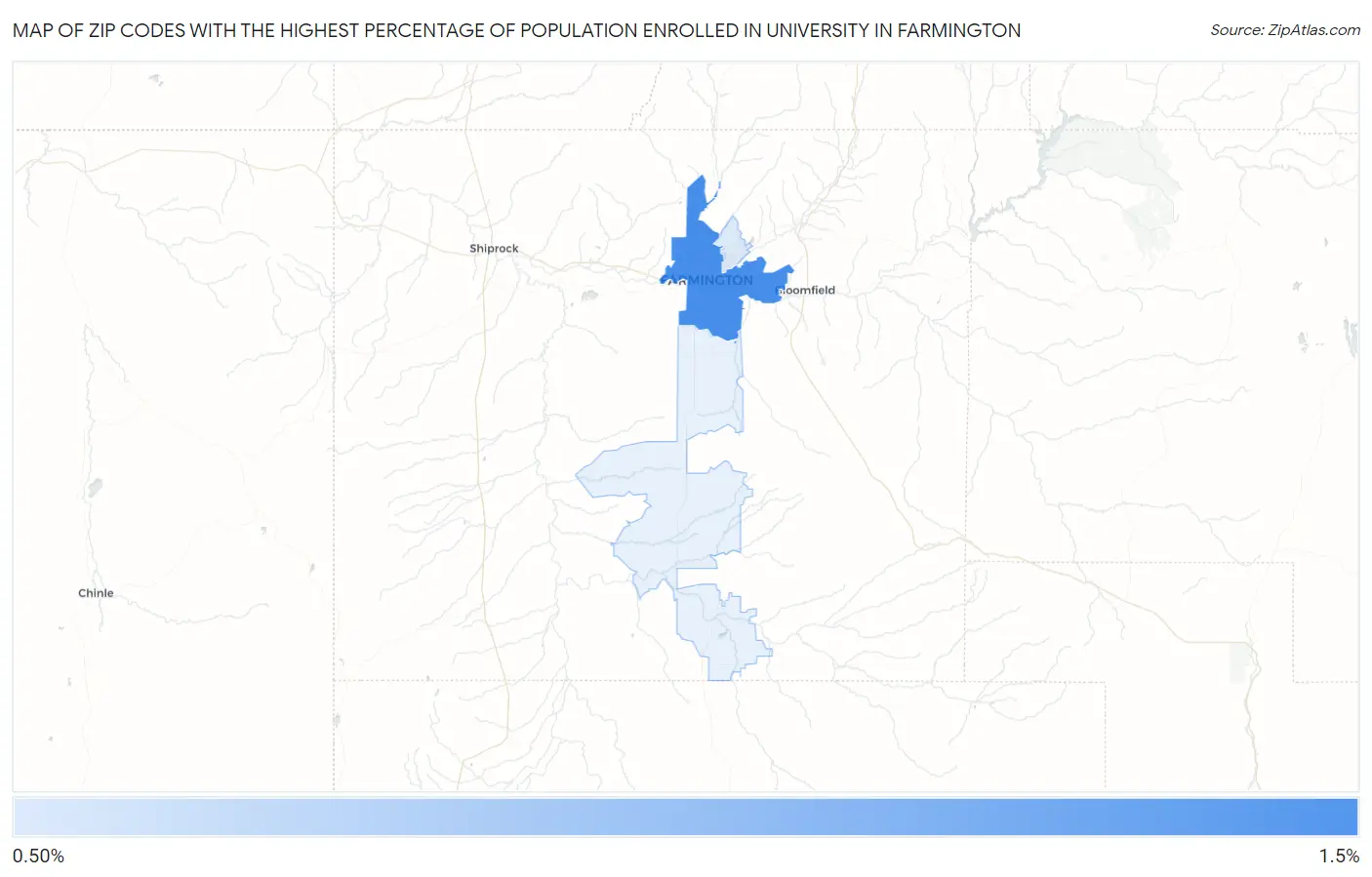 Zip Codes with the Highest Percentage of Population Enrolled in University in Farmington Map