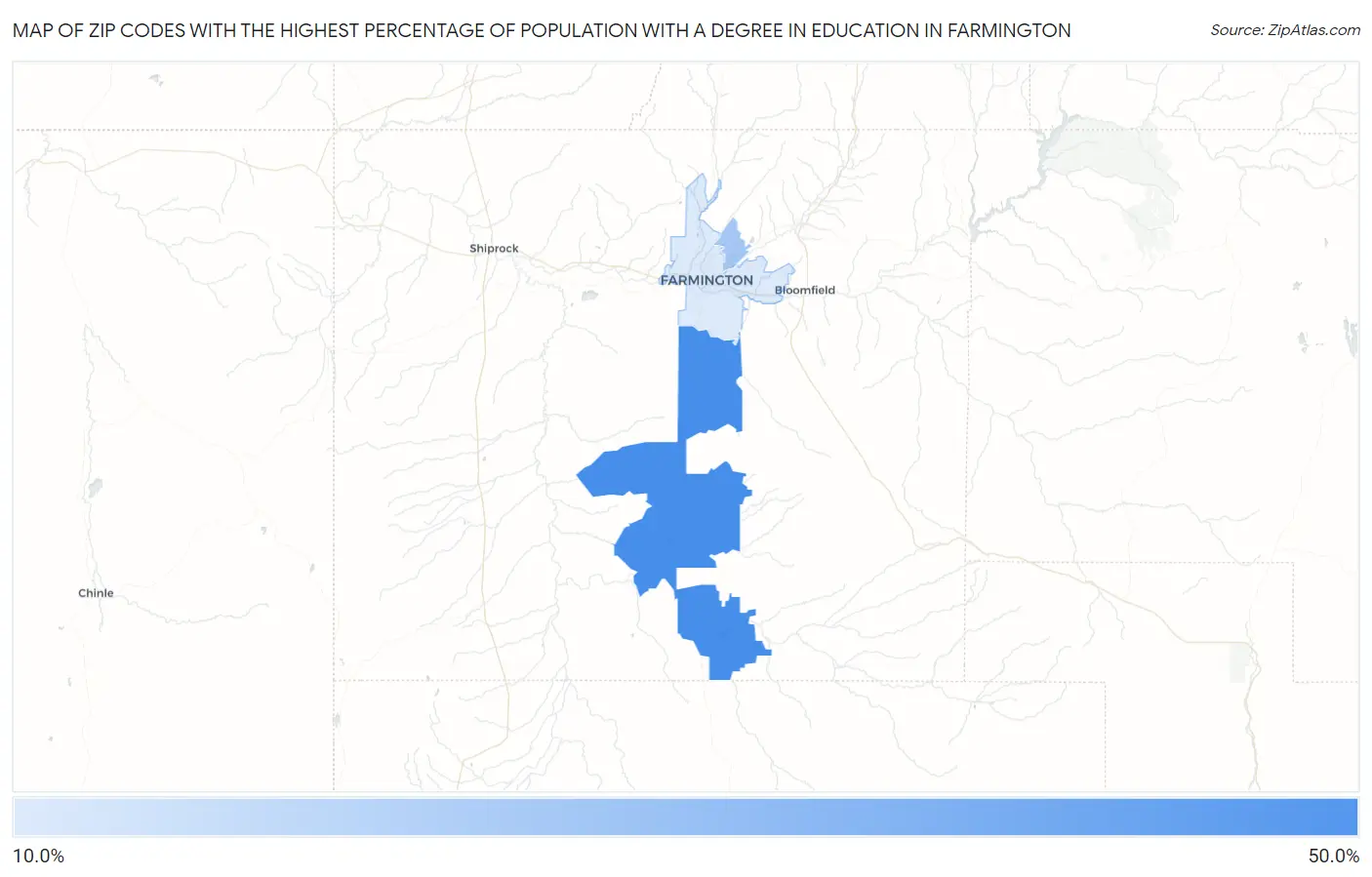 Zip Codes with the Highest Percentage of Population with a Degree in Education in Farmington Map