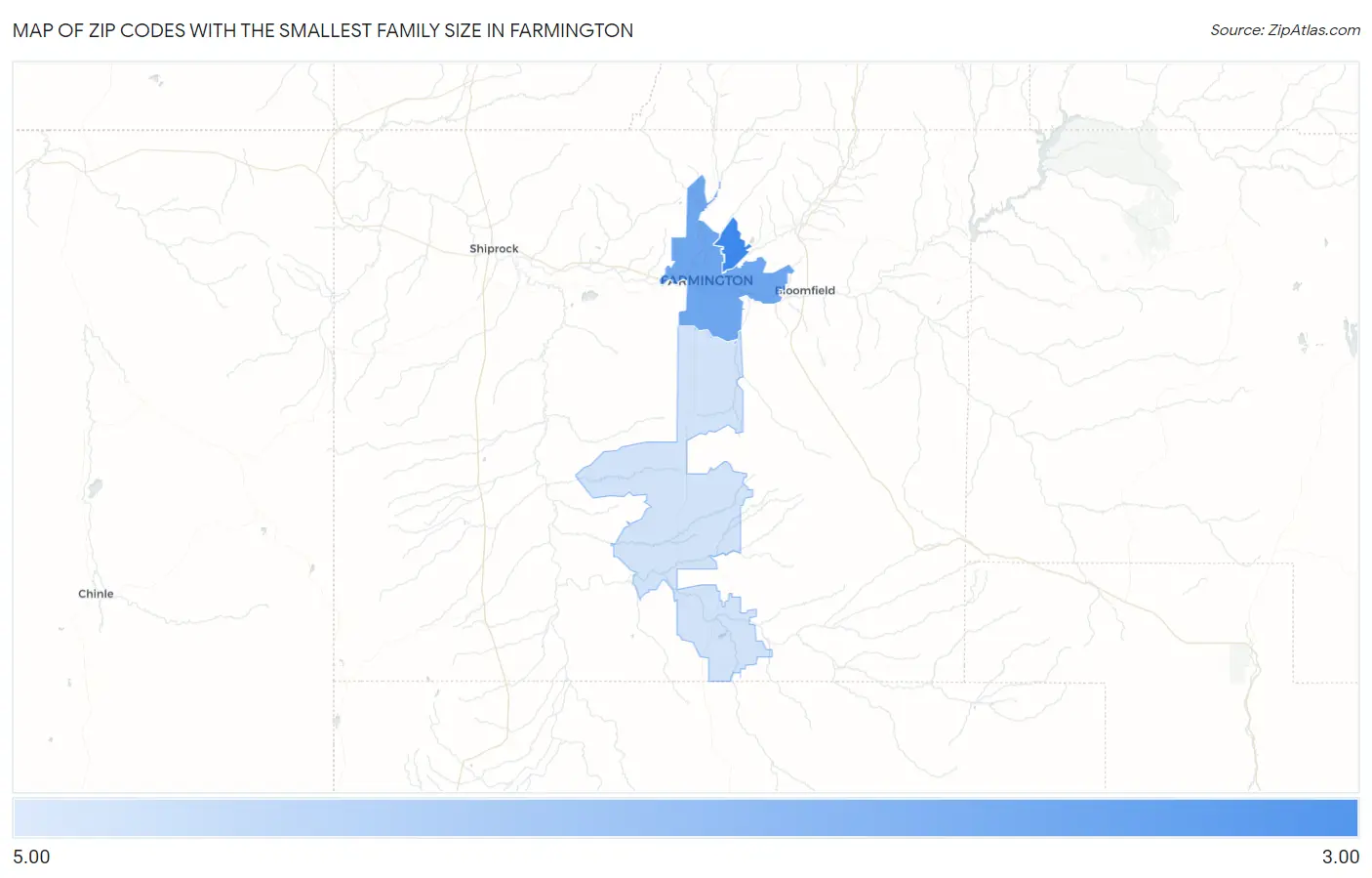 Zip Codes with the Smallest Family Size in Farmington Map