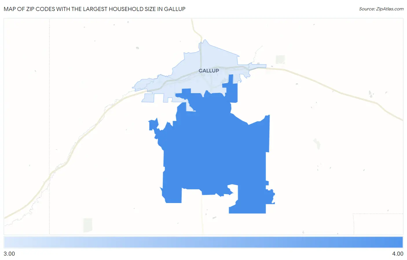 Zip Codes with the Largest Household Size in Gallup Map