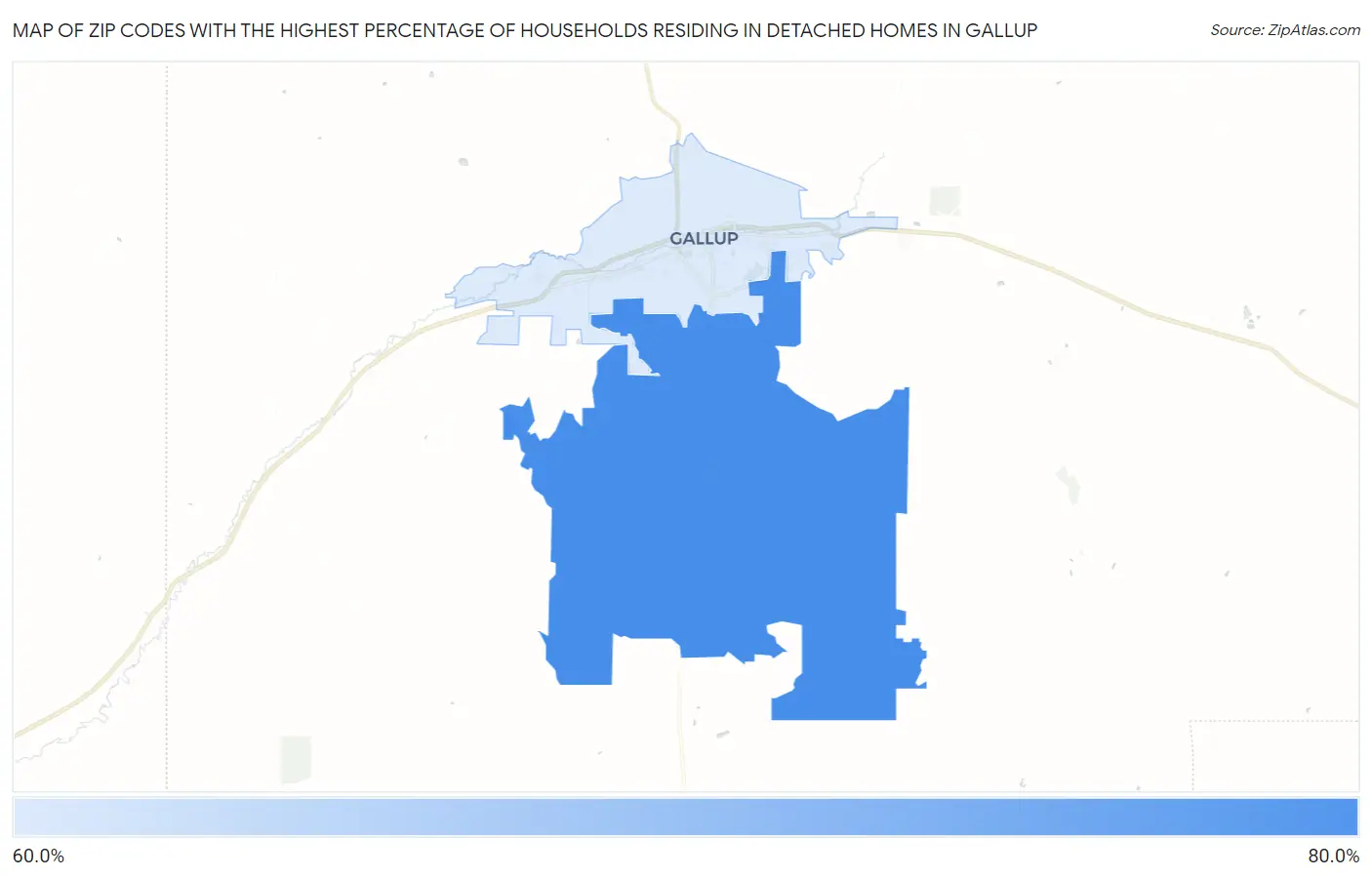 Zip Codes with the Highest Percentage of Households Residing in Detached Homes in Gallup Map