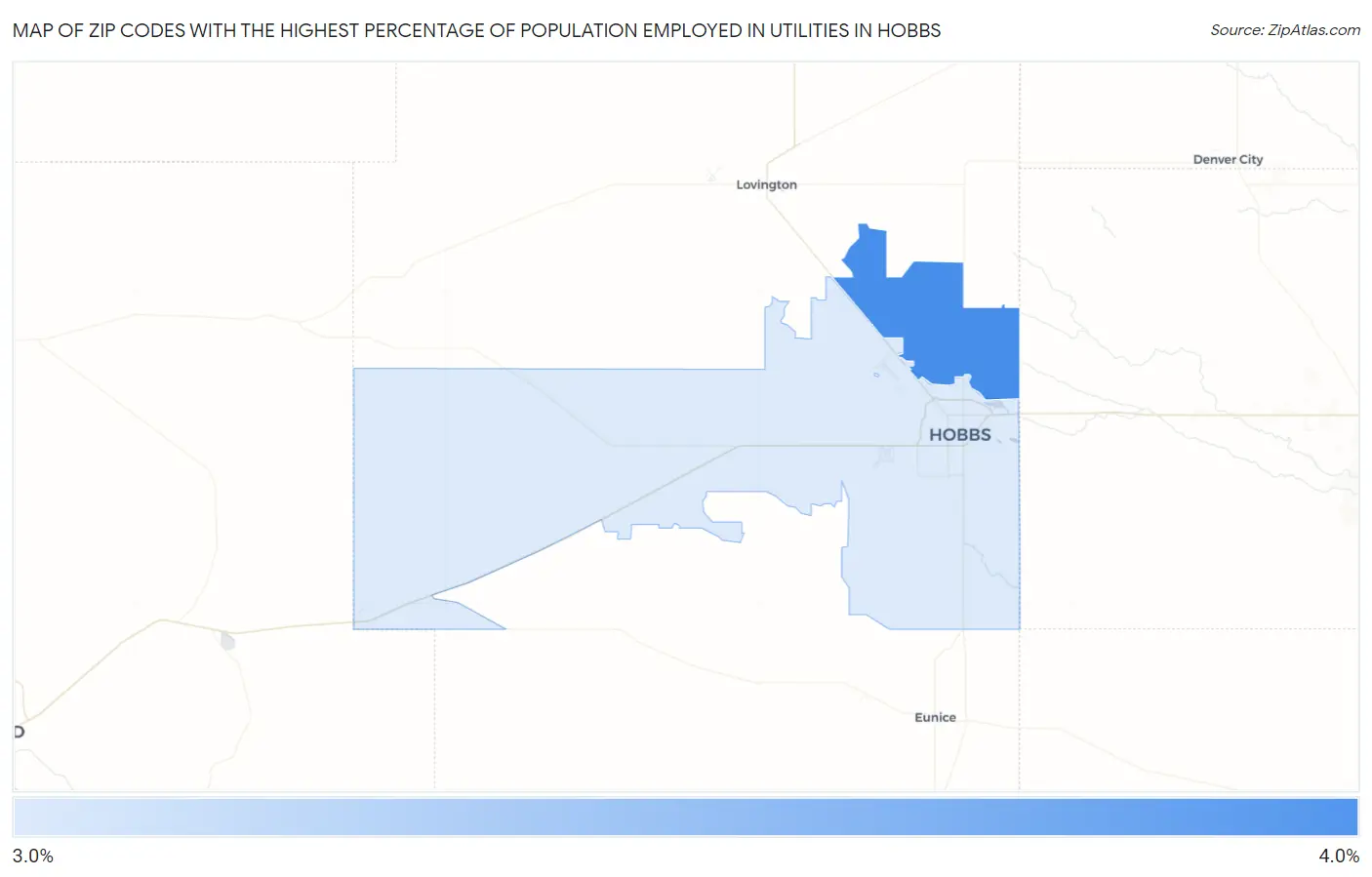 Zip Codes with the Highest Percentage of Population Employed in Utilities in Hobbs Map