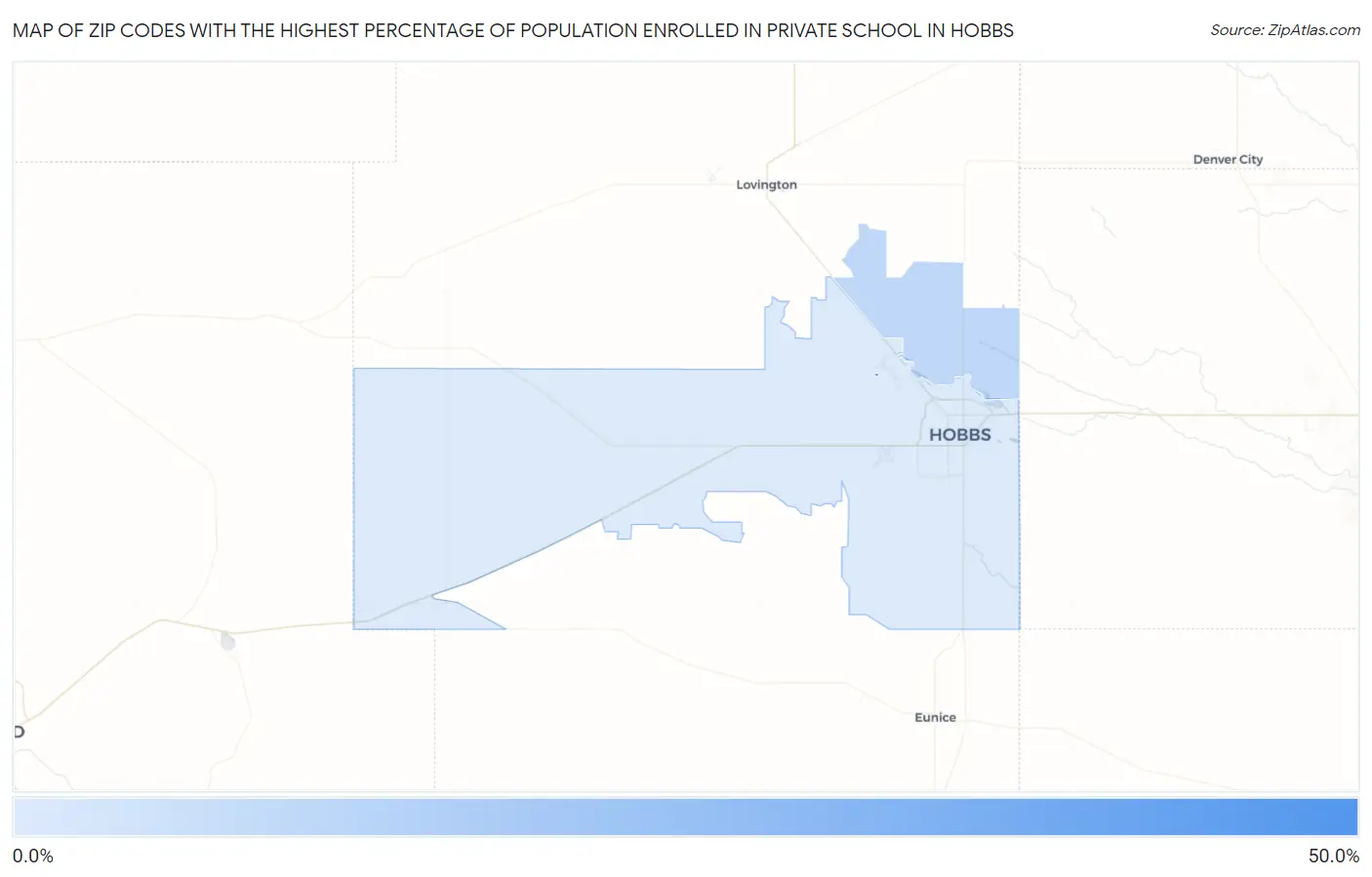 Zip Codes with the Highest Percentage of Population Enrolled in Private School in Hobbs Map