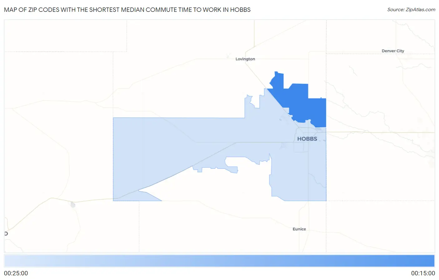 Zip Codes with the Shortest Median Commute Time to Work in Hobbs Map