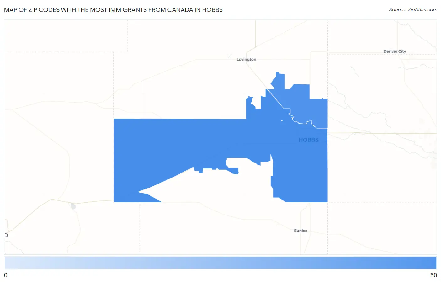 Zip Codes with the Most Immigrants from Canada in Hobbs Map