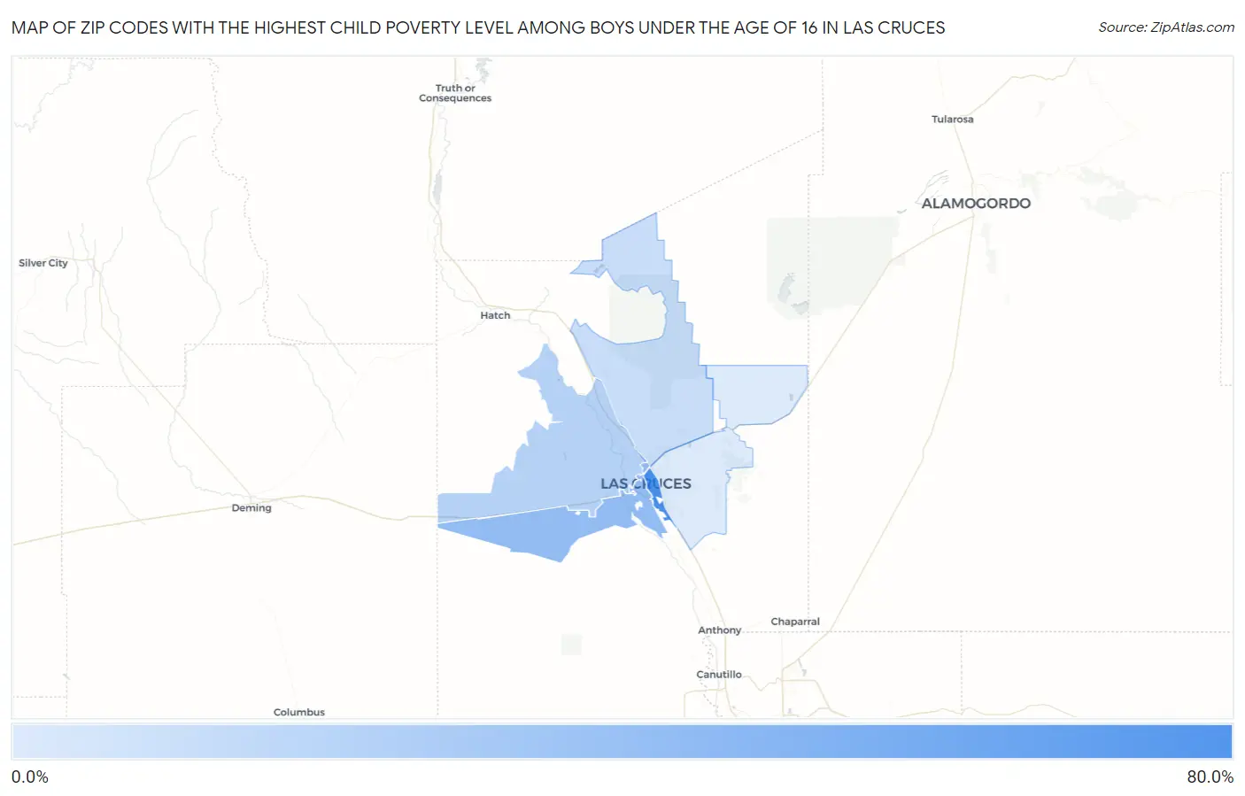 Zip Codes with the Highest Child Poverty Level Among Boys Under the Age of 16 in Las Cruces Map