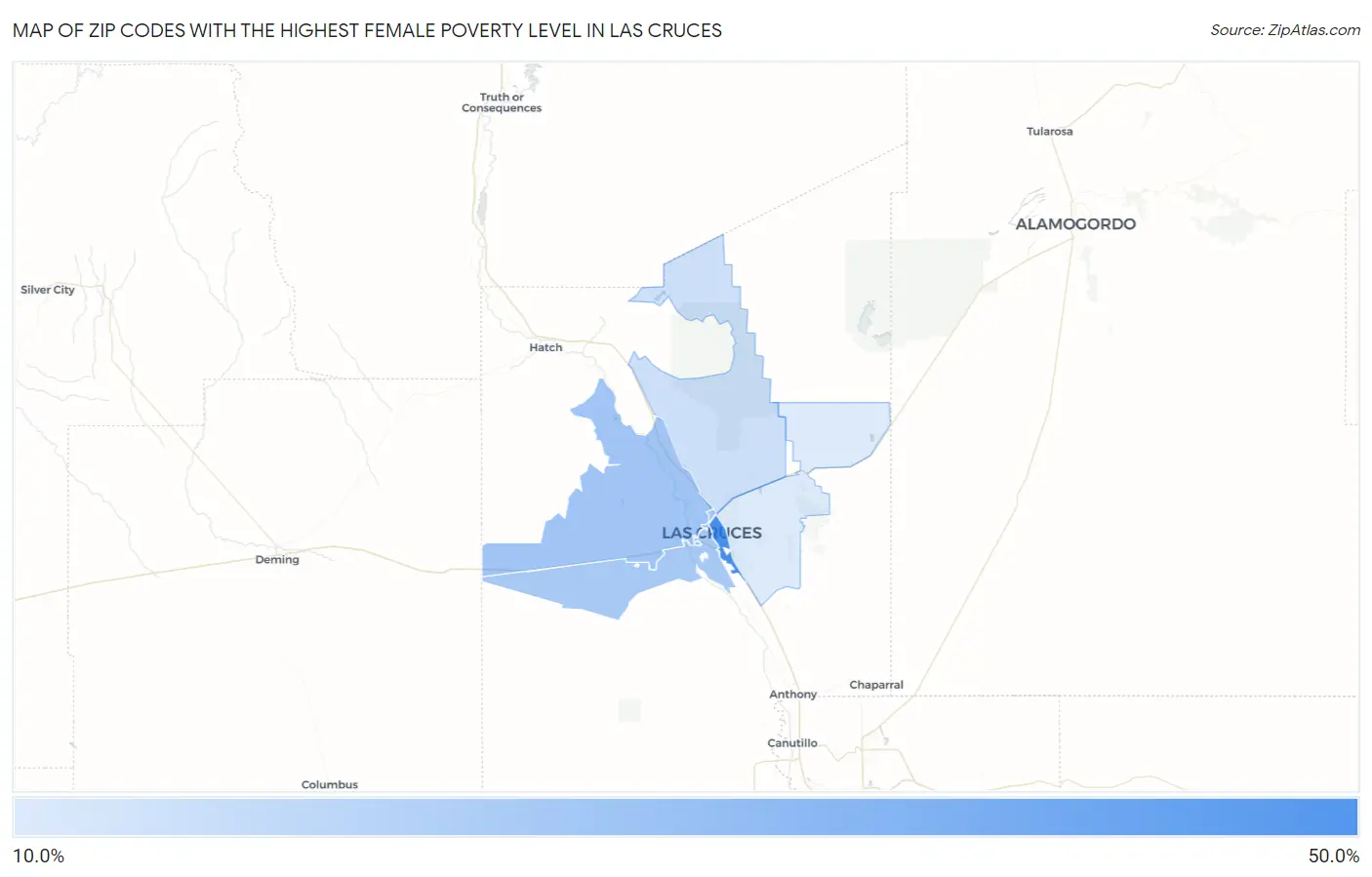 Zip Codes with the Highest Female Poverty Level in Las Cruces Map