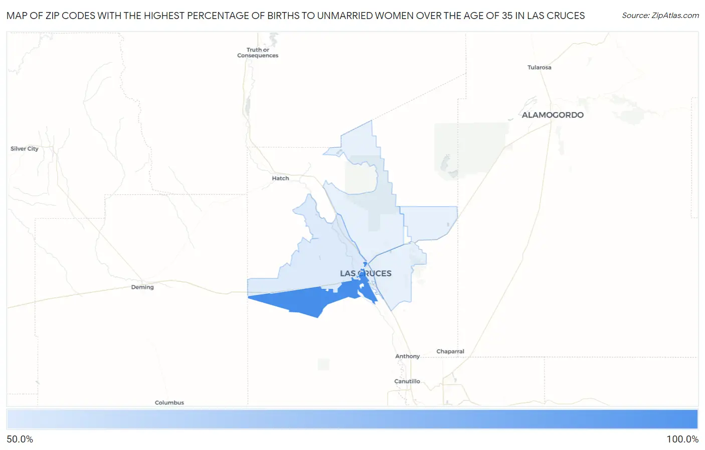 Zip Codes with the Highest Percentage of Births to Unmarried Women over the Age of 35 in Las Cruces Map