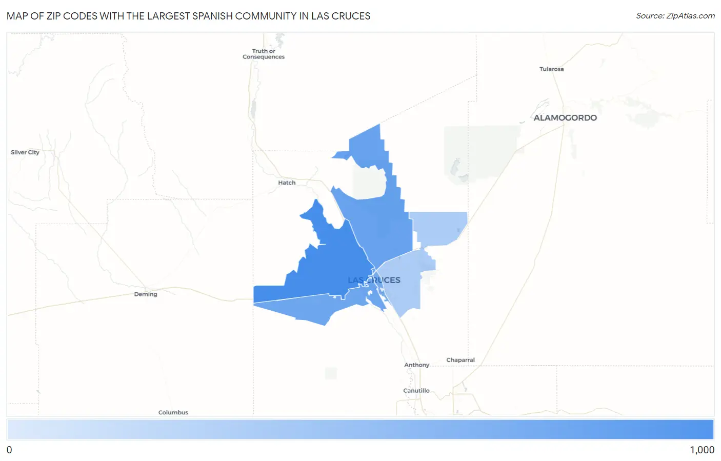 Zip Codes with the Largest Spanish Community in Las Cruces Map