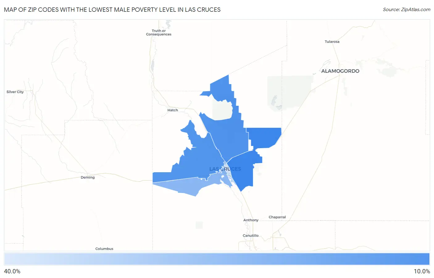 Zip Codes with the Lowest Male Poverty Level in Las Cruces Map
