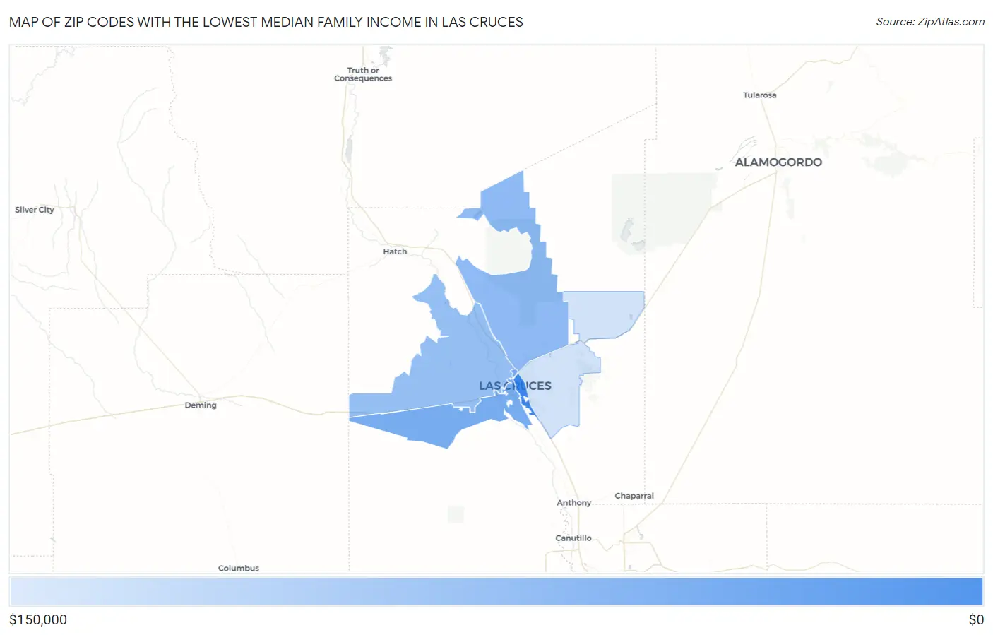 Zip Codes with the Lowest Median Family Income in Las Cruces Map