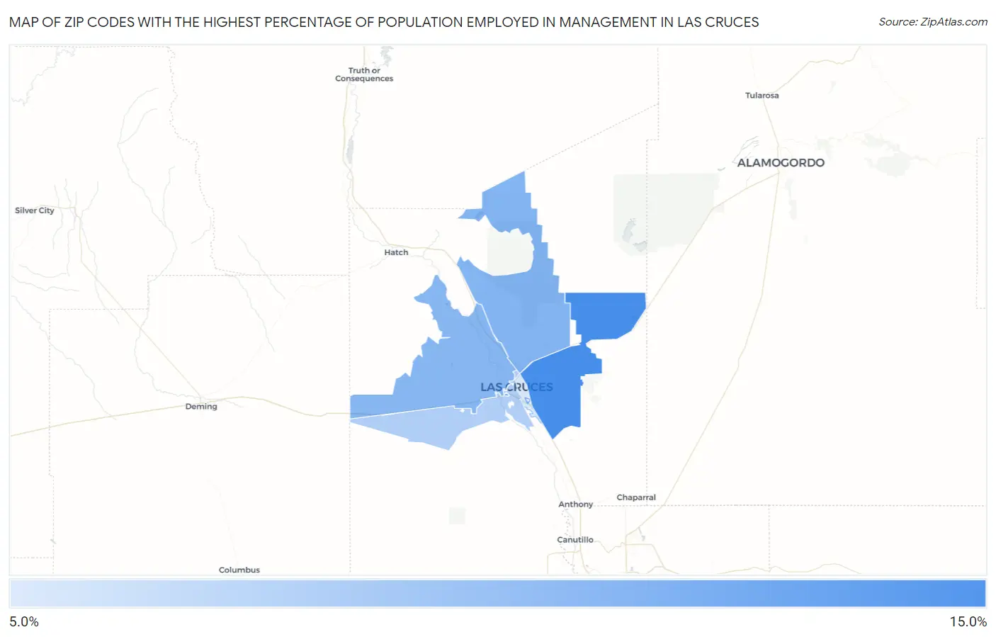 Zip Codes with the Highest Percentage of Population Employed in Management in Las Cruces Map