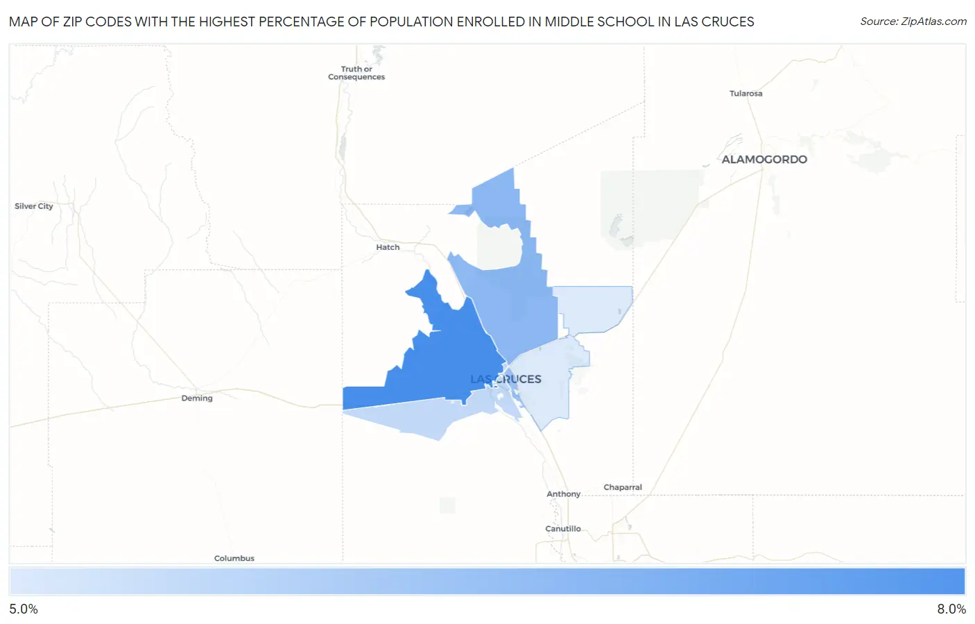 Zip Codes with the Highest Percentage of Population Enrolled in Middle School in Las Cruces Map