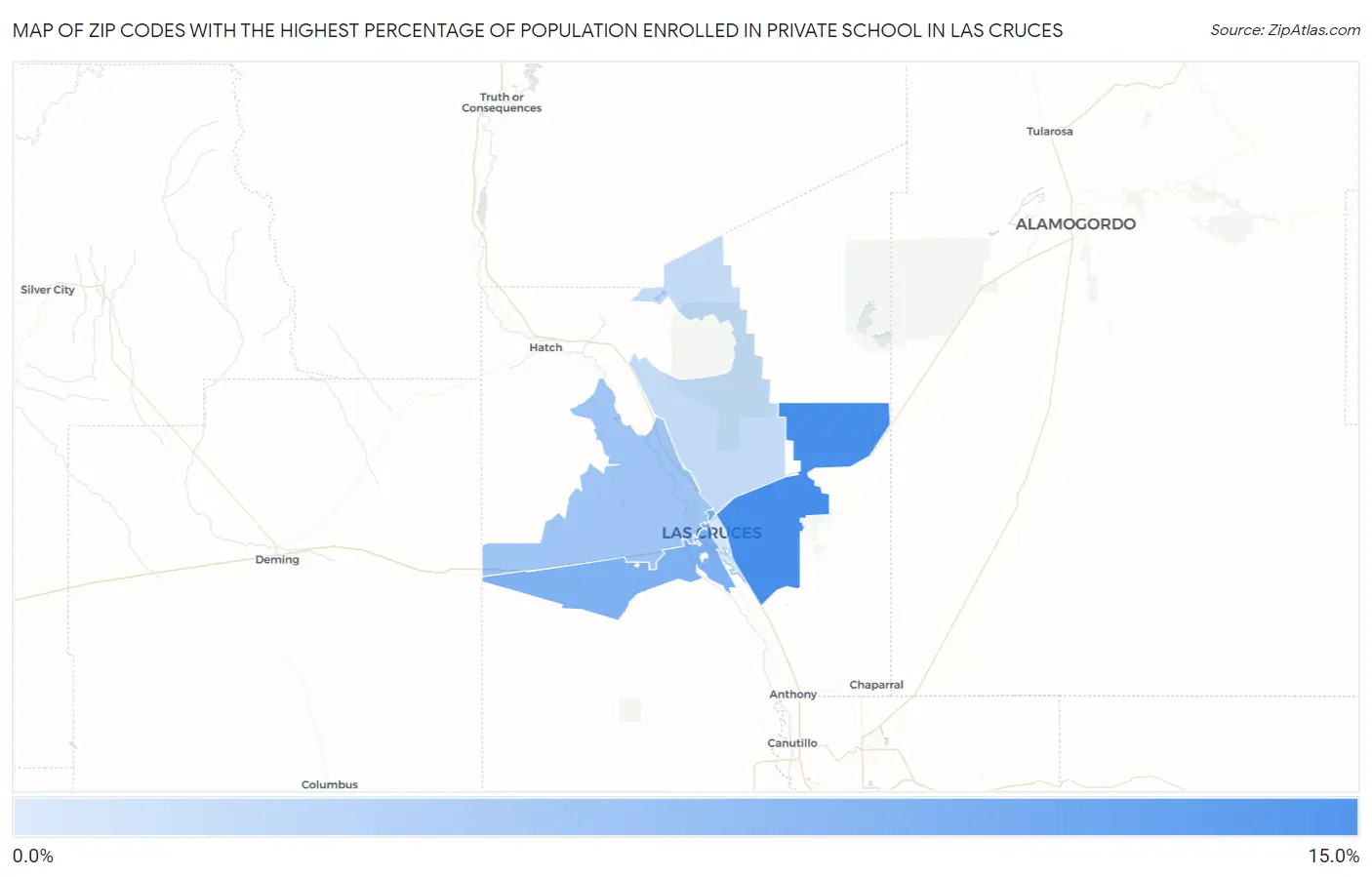 Zip Codes with the Highest Percentage of Population Enrolled in Private School in Las Cruces Map