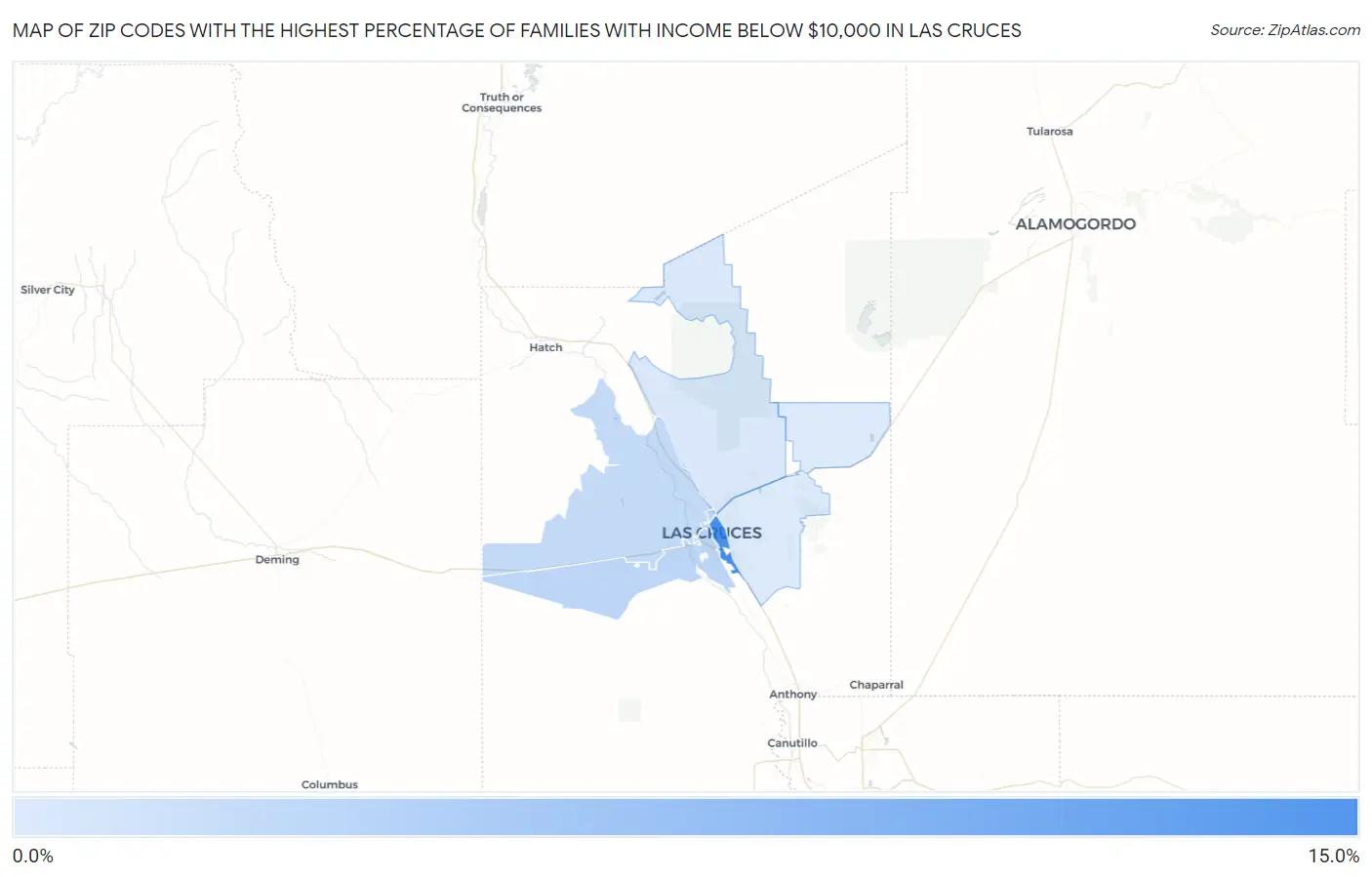 Zip Codes with the Highest Percentage of Families with Income Below $10,000 in Las Cruces Map