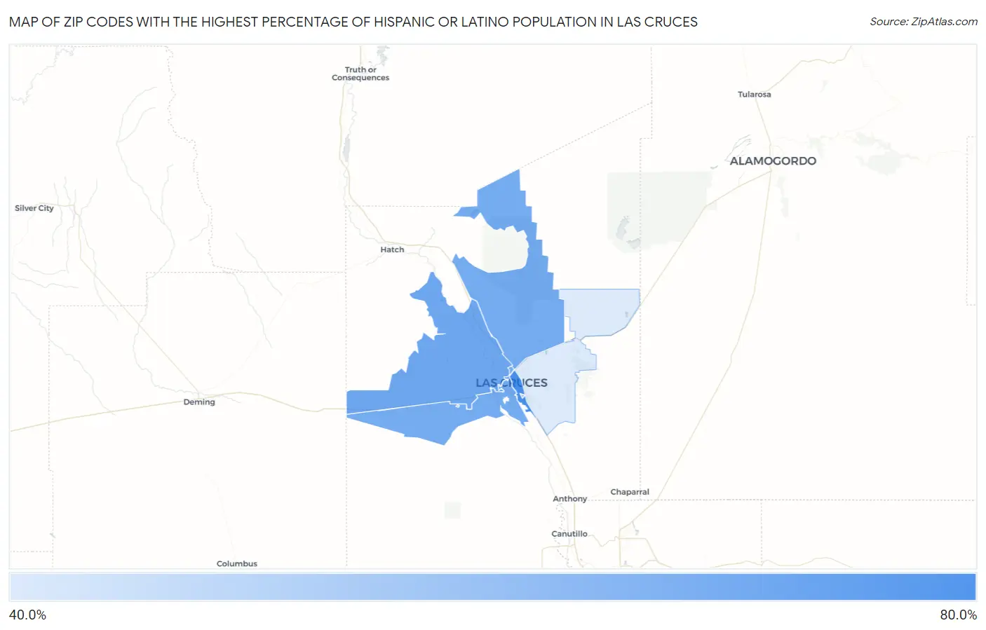Zip Codes with the Highest Percentage of Hispanic or Latino Population in Las Cruces Map