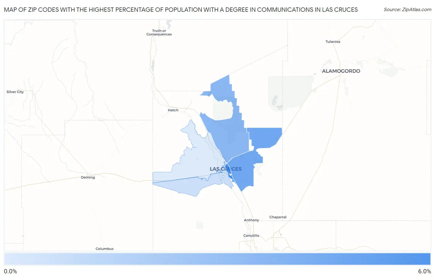 Zip Codes with the Highest Percentage of Population with a Degree in Communications in Las Cruces Map
