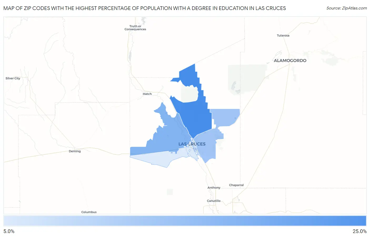 Zip Codes with the Highest Percentage of Population with a Degree in Education in Las Cruces Map