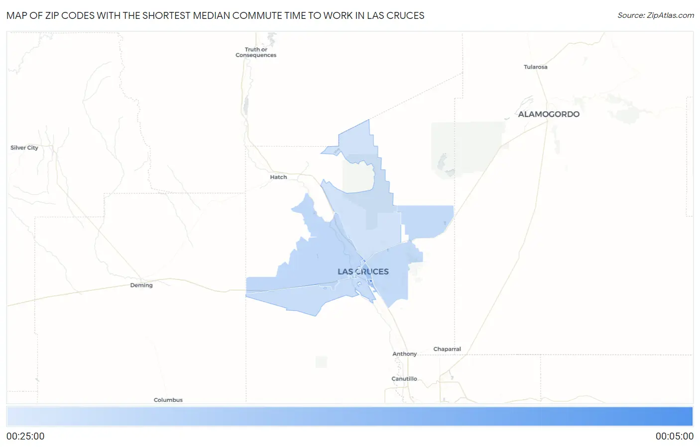 Zip Codes with the Shortest Median Commute Time to Work in Las Cruces Map