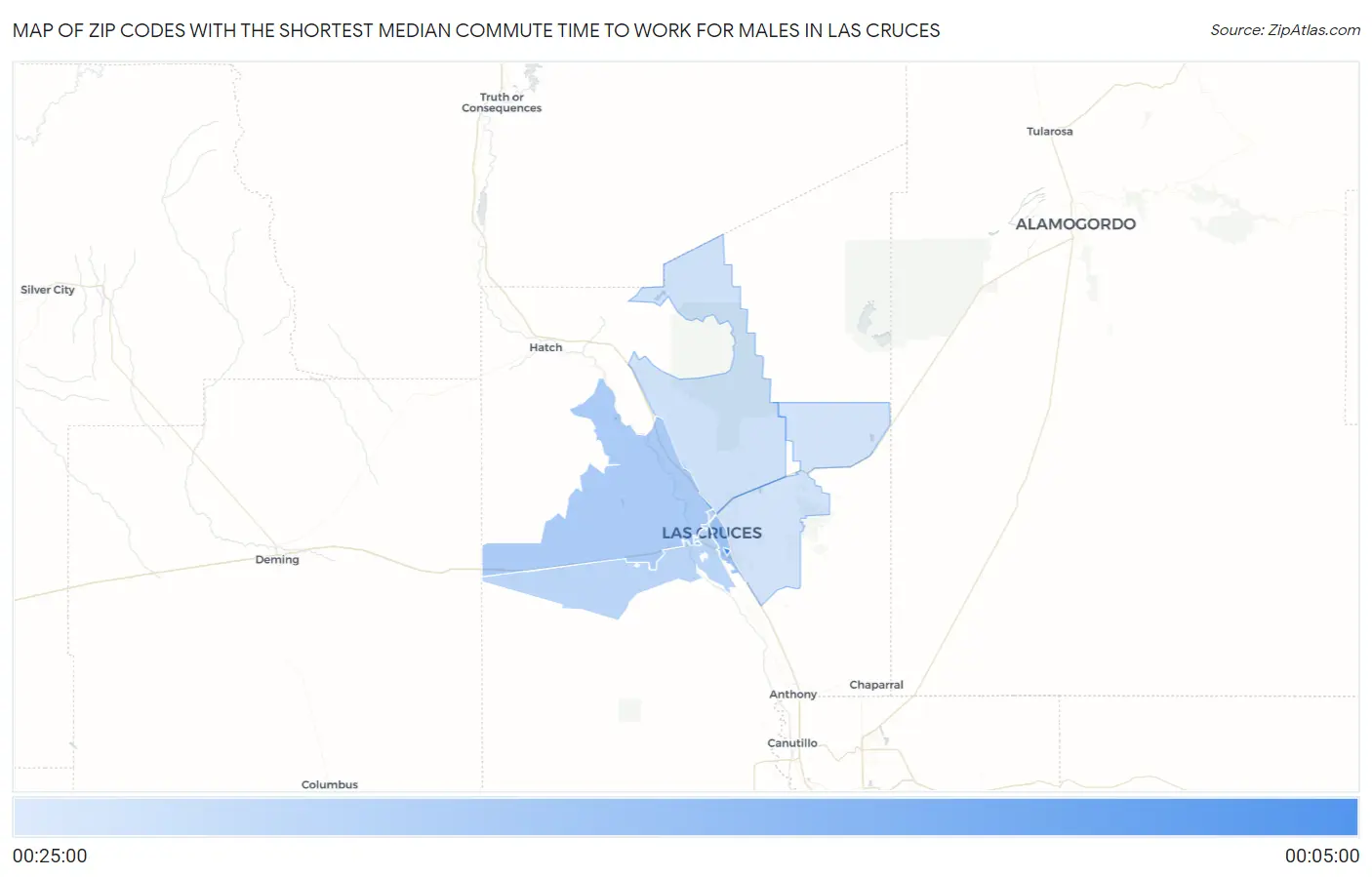 Zip Codes with the Shortest Median Commute Time to Work for Males in Las Cruces Map