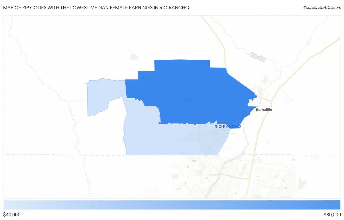 Zip Codes with the Lowest Median Female Earnings in Rio Rancho Map