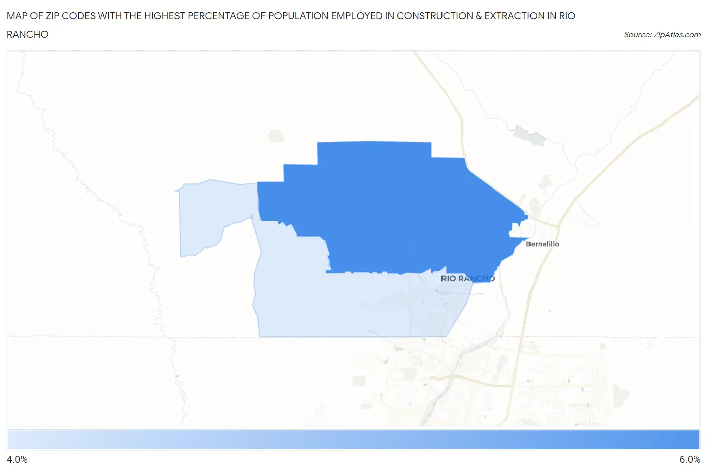 Zip Codes with the Highest Percentage of Population Employed in Construction & Extraction in Rio Rancho Map