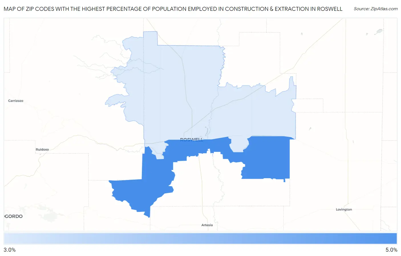 Zip Codes with the Highest Percentage of Population Employed in Construction & Extraction in Roswell Map