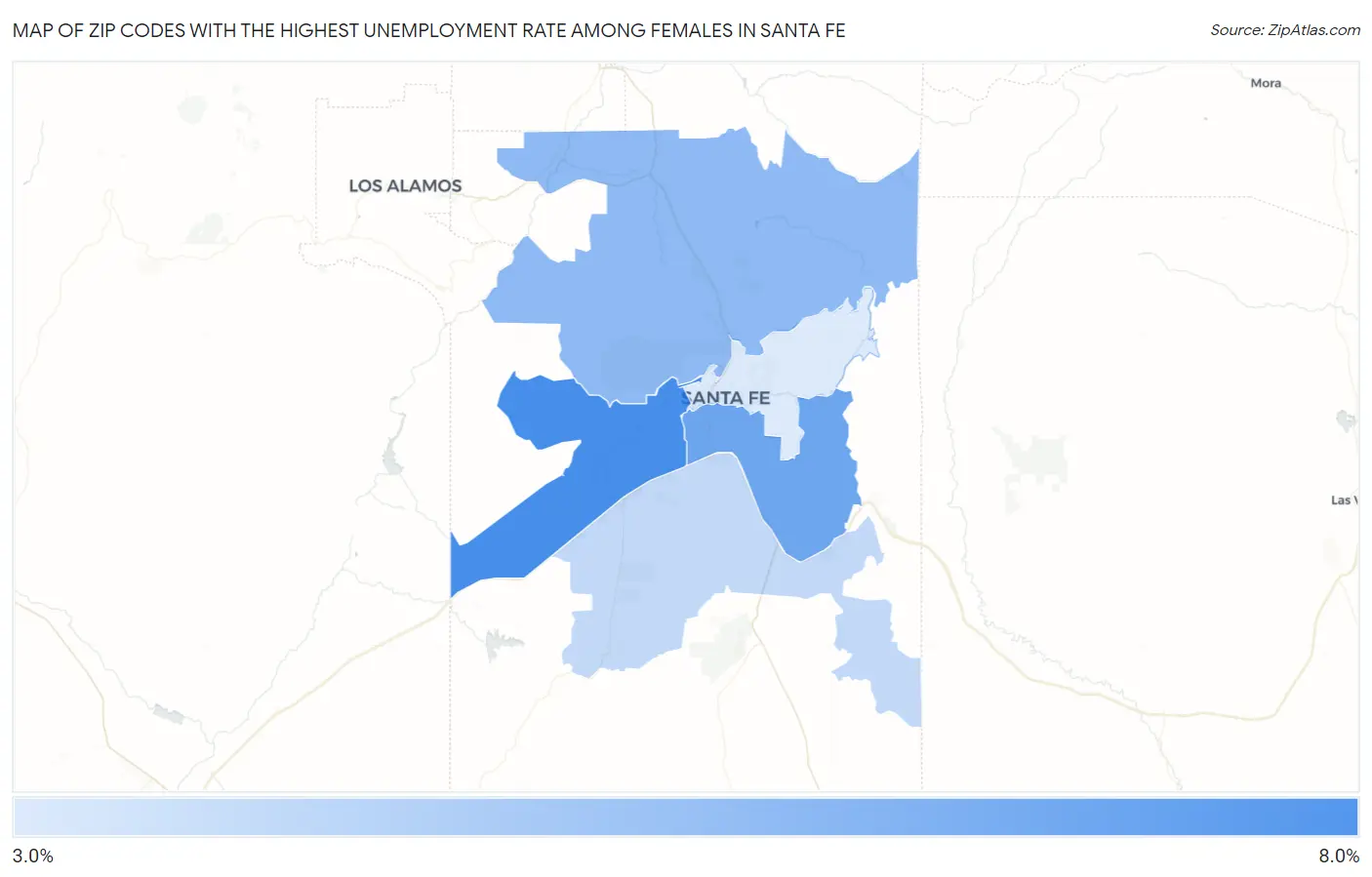 Zip Codes with the Highest Unemployment Rate Among Females in Santa Fe Map