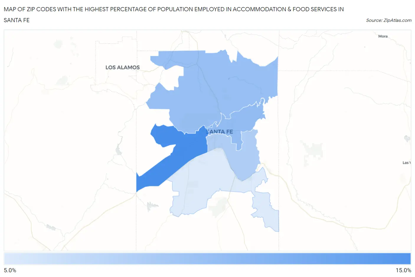 Zip Codes with the Highest Percentage of Population Employed in Accommodation & Food Services in Santa Fe Map