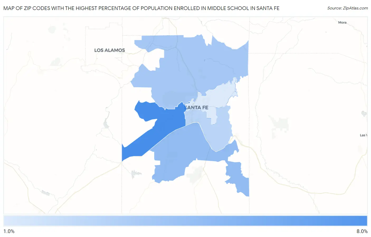 Zip Codes with the Highest Percentage of Population Enrolled in Middle School in Santa Fe Map