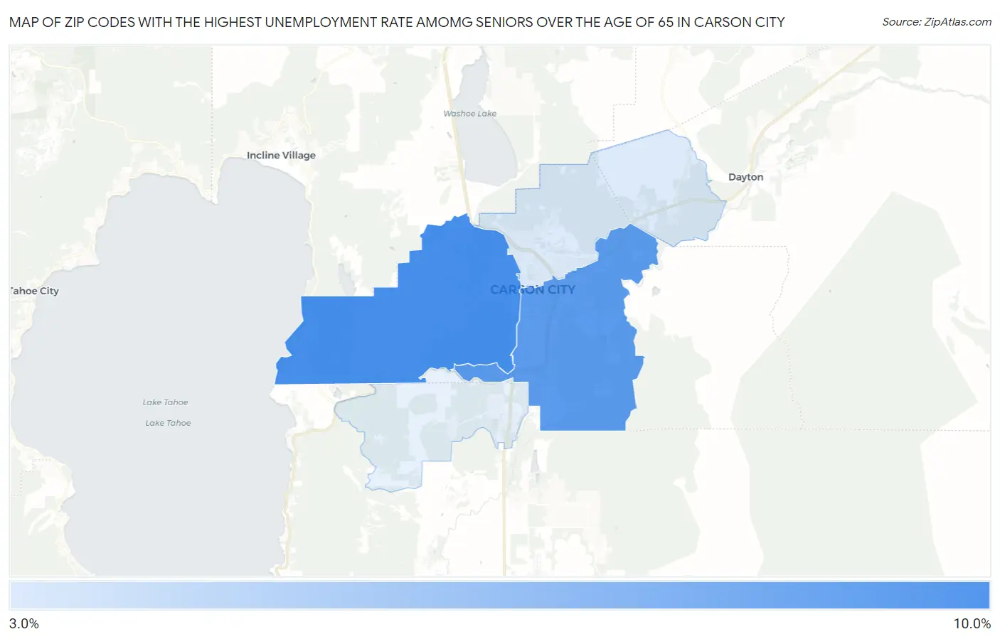 Zip Codes with the Highest Unemployment Rate Amomg Seniors Over the Age of 65 in Carson City Map