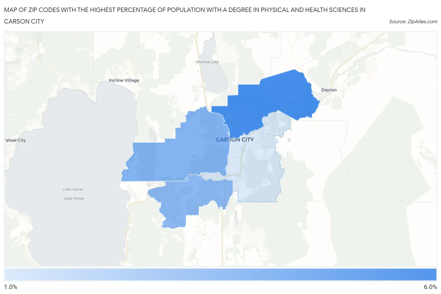 Zip Codes with the Highest Percentage of Population with a Degree in Physical and Health Sciences in Carson City Map