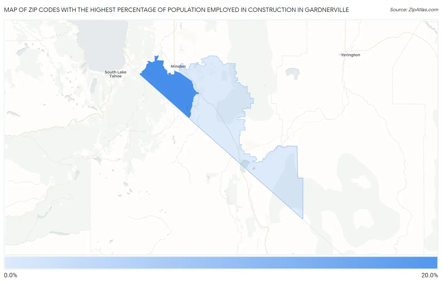 Zip Codes with the Highest Percentage of Population Employed in Construction in Gardnerville Map
