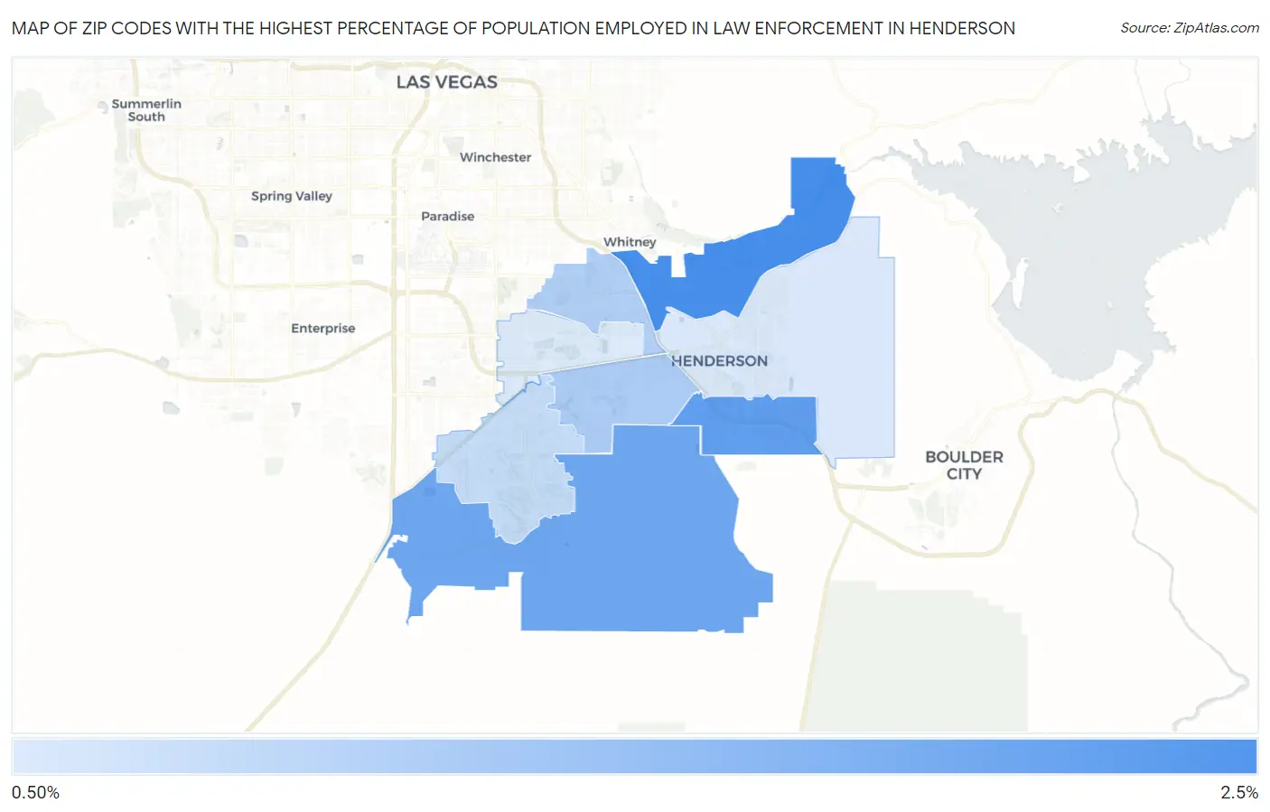 Zip Codes with the Highest Percentage of Population Employed in Law Enforcement in Henderson Map