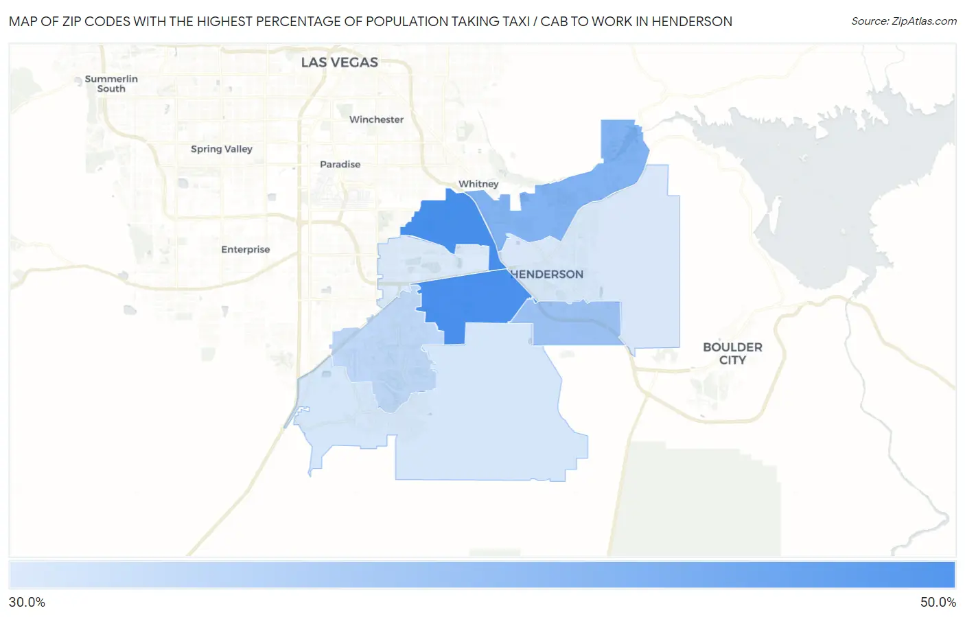 Zip Codes with the Highest Percentage of Population Taking Taxi / Cab to Work in Henderson Map