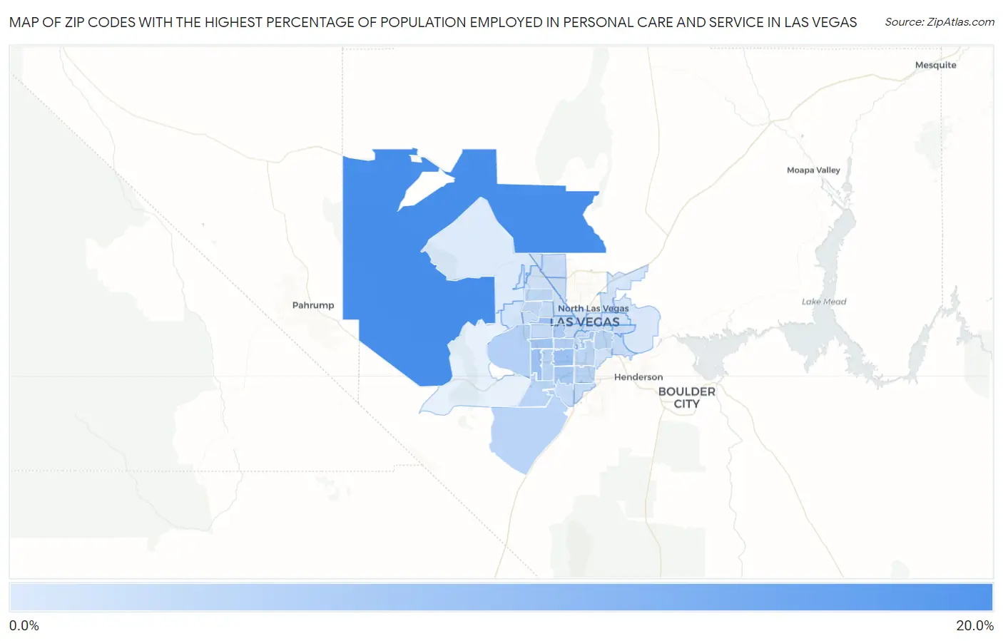 Zip Codes with the Highest Percentage of Population Employed in Personal Care and Service in Las Vegas Map