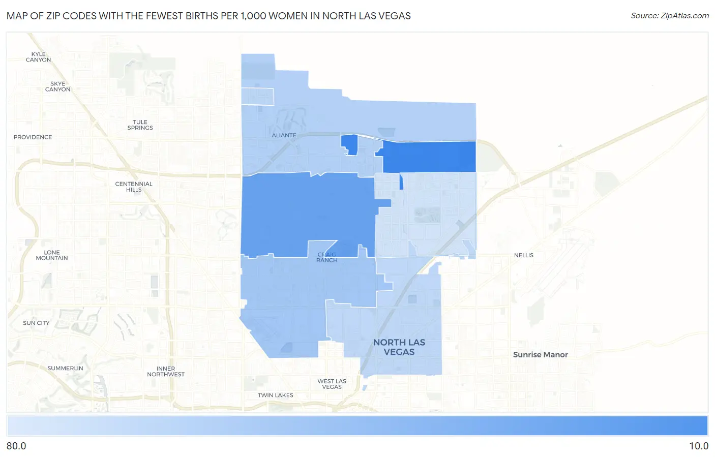 Zip Codes with the Fewest Births per 1,000 Women in North Las Vegas Map