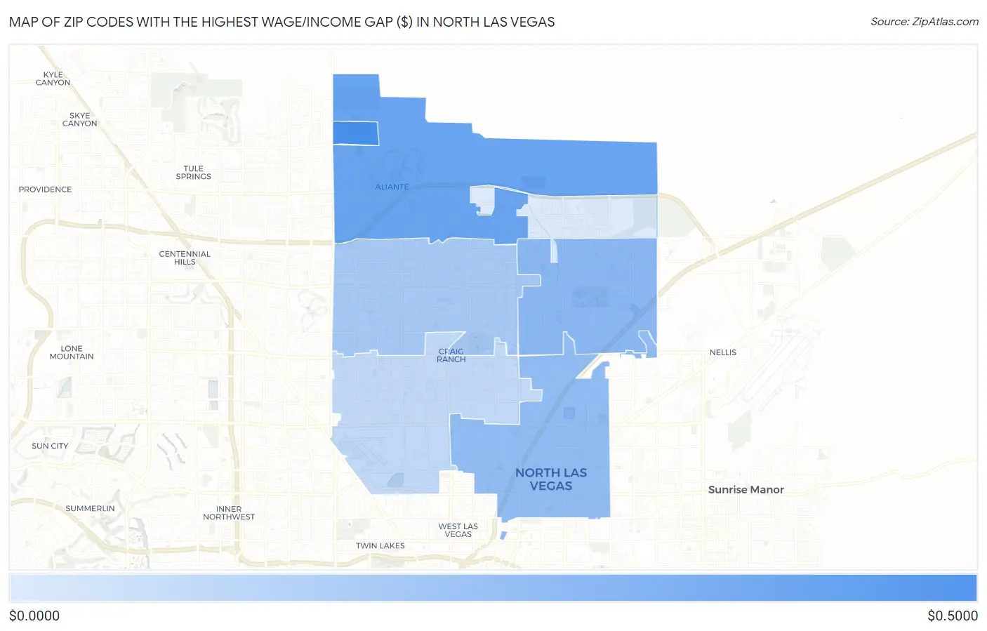Zip Codes with the Highest Wage/Income Gap ($) in North Las Vegas Map