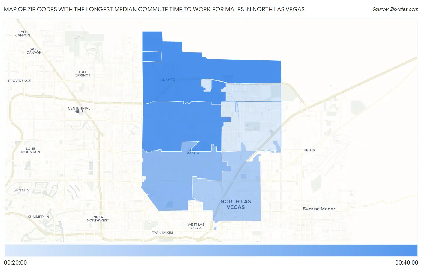 Zip Codes with the Longest Median Commute Time to Work for Males in North Las Vegas Map