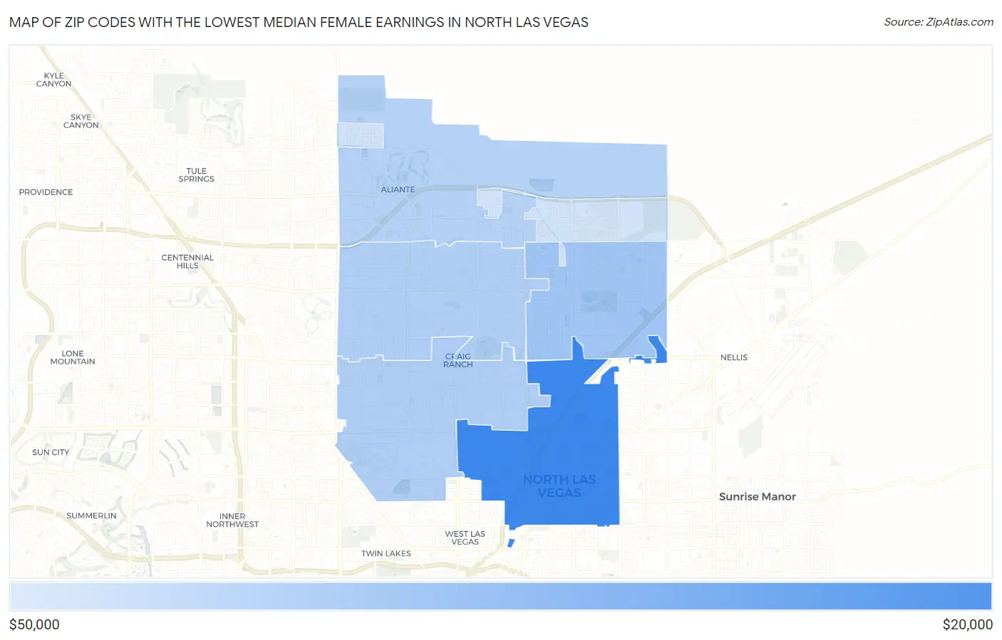 Zip Codes with the Lowest Median Female Earnings in North Las Vegas Map
