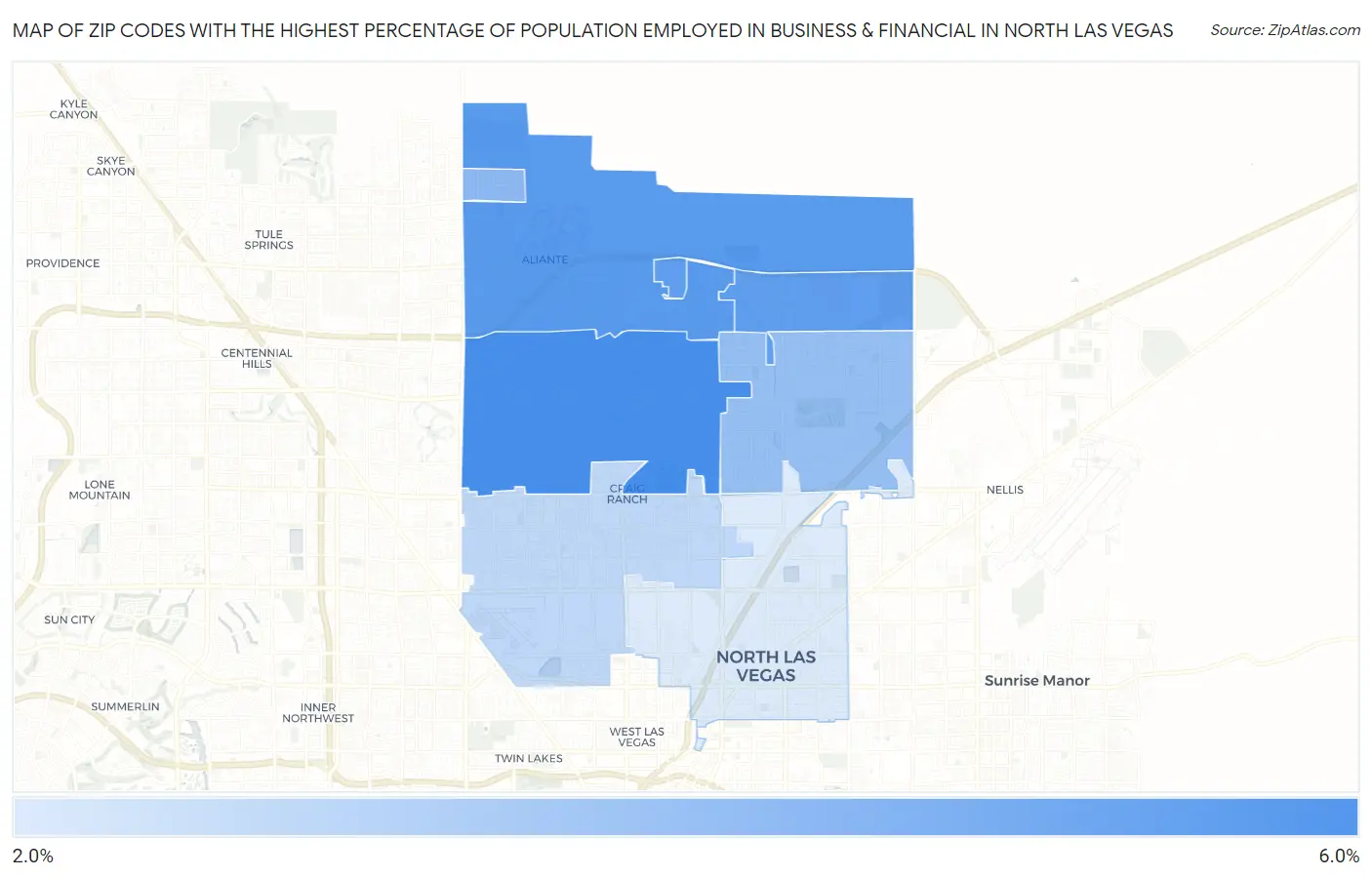 Zip Codes with the Highest Percentage of Population Employed in Business & Financial in North Las Vegas Map