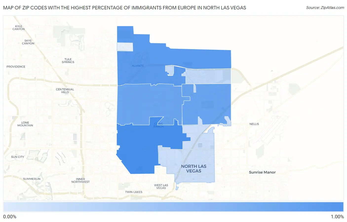 Zip Codes with the Highest Percentage of Immigrants from Europe in North Las Vegas Map