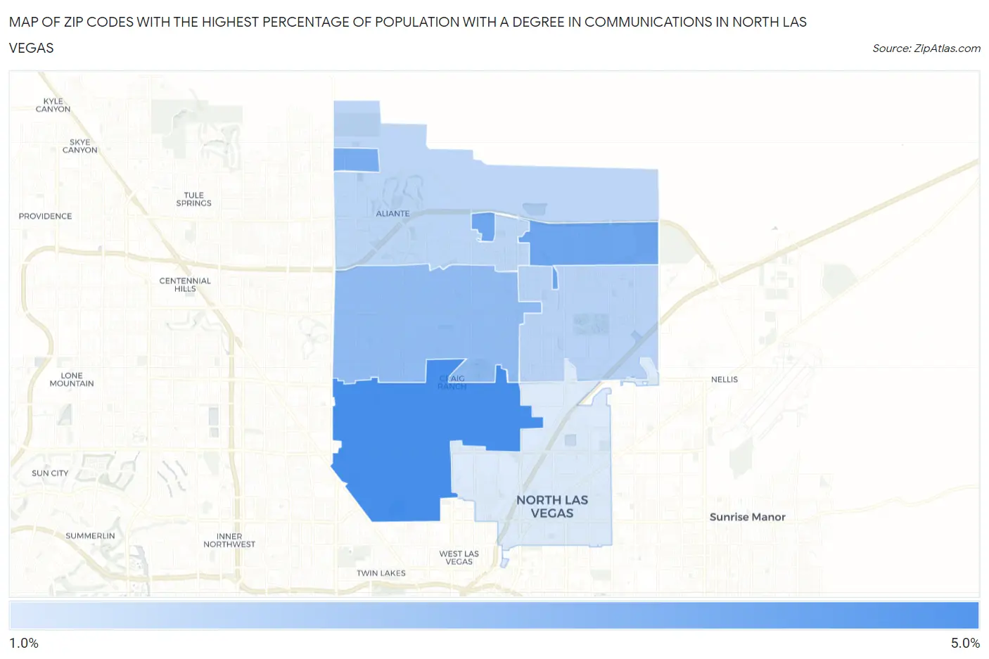 Zip Codes with the Highest Percentage of Population with a Degree in Communications in North Las Vegas Map