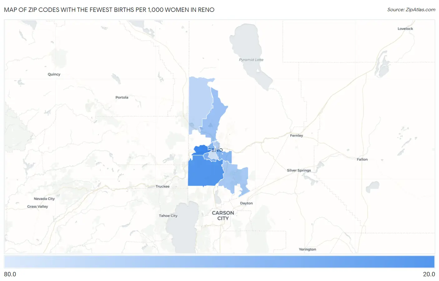 Zip Codes with the Fewest Births per 1,000 Women in Reno Map