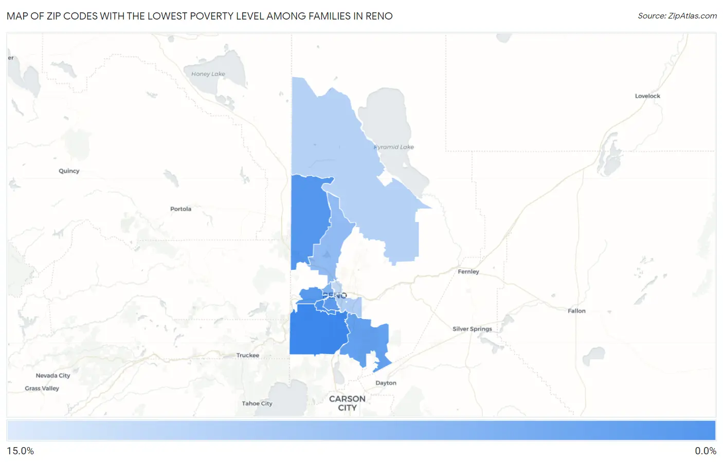 Zip Codes with the Lowest Poverty Level Among Families in Reno Map