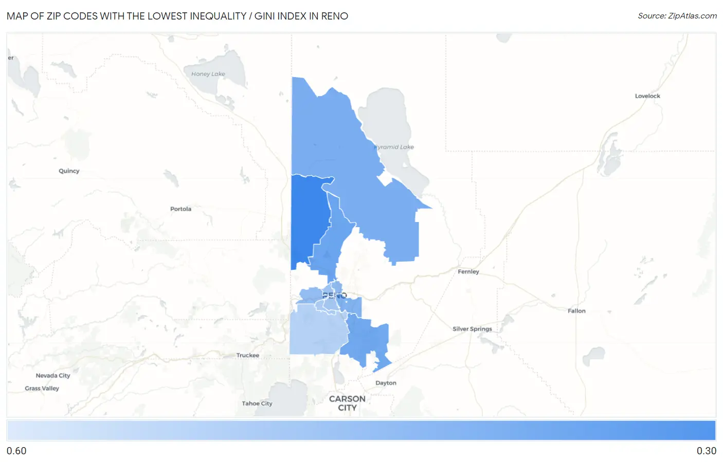 Zip Codes with the Lowest Inequality / Gini Index in Reno Map
