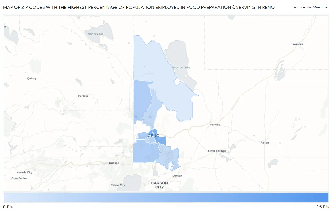 Zip Codes with the Highest Percentage of Population Employed in Food Preparation & Serving in Reno Map